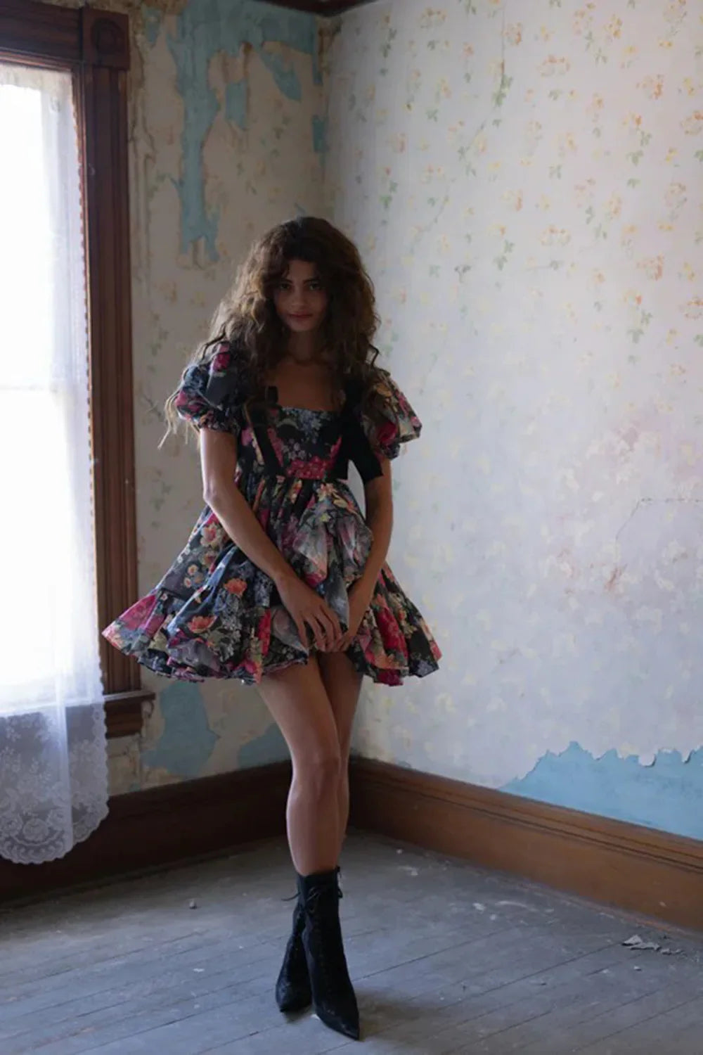 Women Short Sleeve Square Collar Ball Gown Mini Dress Print Color Celebrate Girls's Vacation Celebrate Birthday Outfit