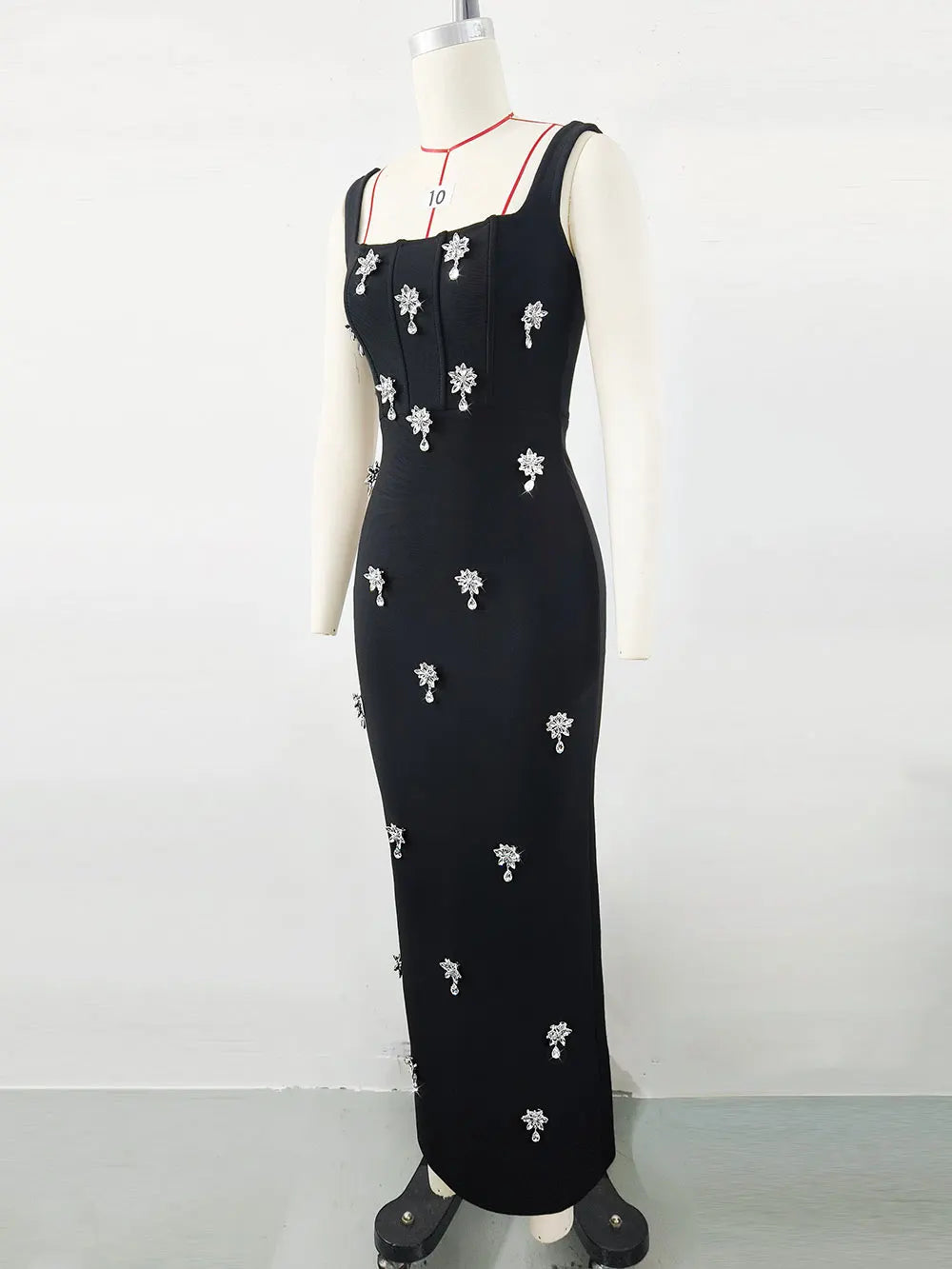 Elegant Women Light Luxury Nail Bead Bandage Dress Camisole Square Neck Sleeveless Bodycon Long Dress Evening Party Vestido