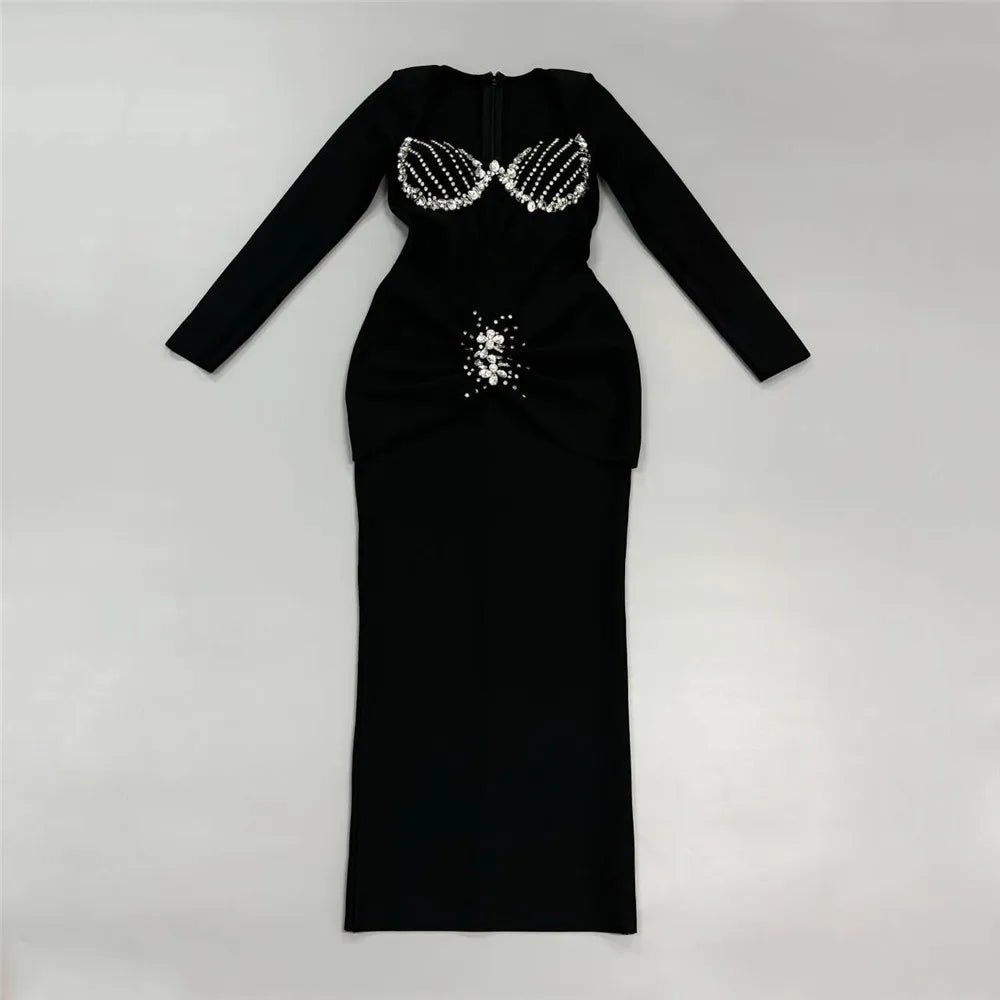 High Quality Women Long Sleeve Sqaure Collar Shinning Diamond Bodycon Long Bandage Dress Celebrate Elegant Evening Party Wear