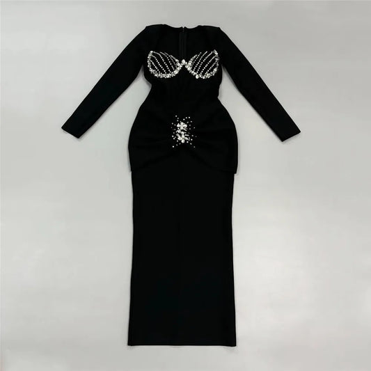 High Quality Women Long Sleeve Sqaure Collar Shinning Diamond Bodycon Long Bandage Dress Celebrate Elegant Evening Party Wear