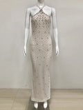 Spring Sexy Women's Light Luxury Nail Bead Design Maxi Dress O-Neck Sleeveless Bodycon Tail Long Dress Club Party Vestidos Khaki