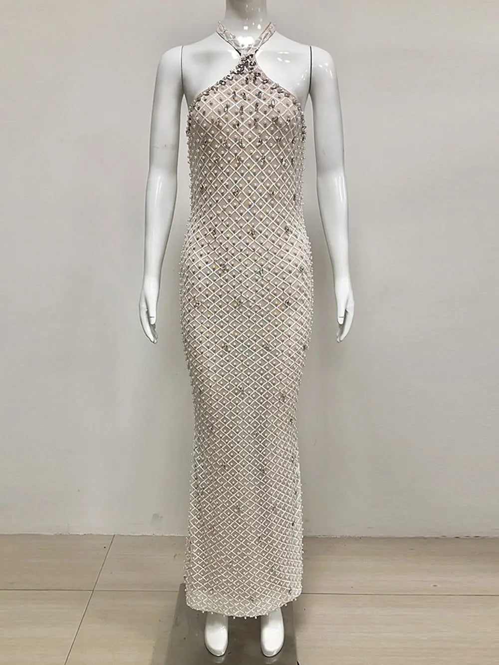 Spring Sexy Women's Light Luxury Nail Bead Design Maxi Dress O-Neck Sleeveless Bodycon Tail Long Dress Club Party Vestidos Khaki