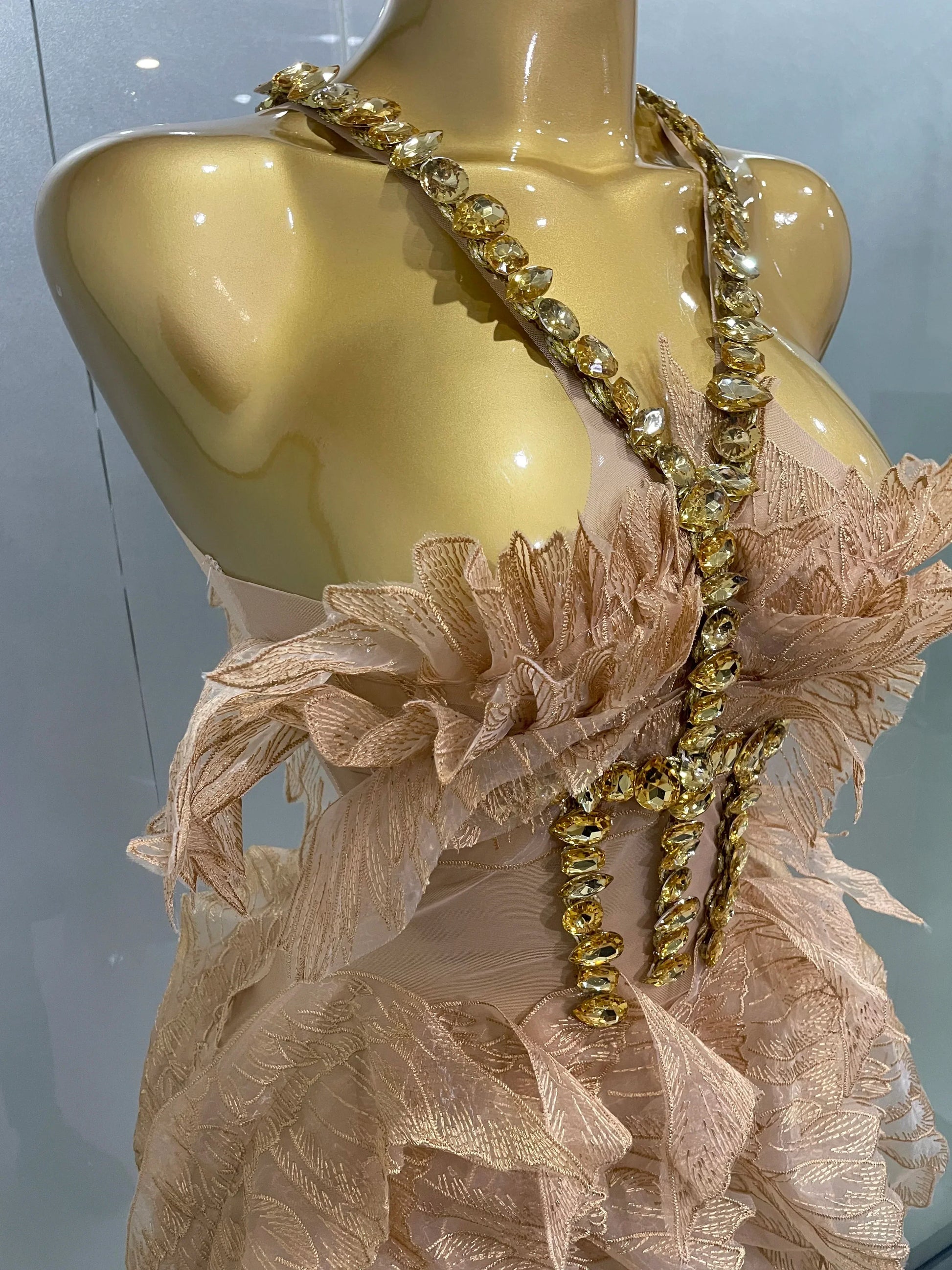 Sexy Shining Gold Crystal Transparent Wings Mini Dress Women Birthday Party Bar Nightclub Singer Stage Performance Costume