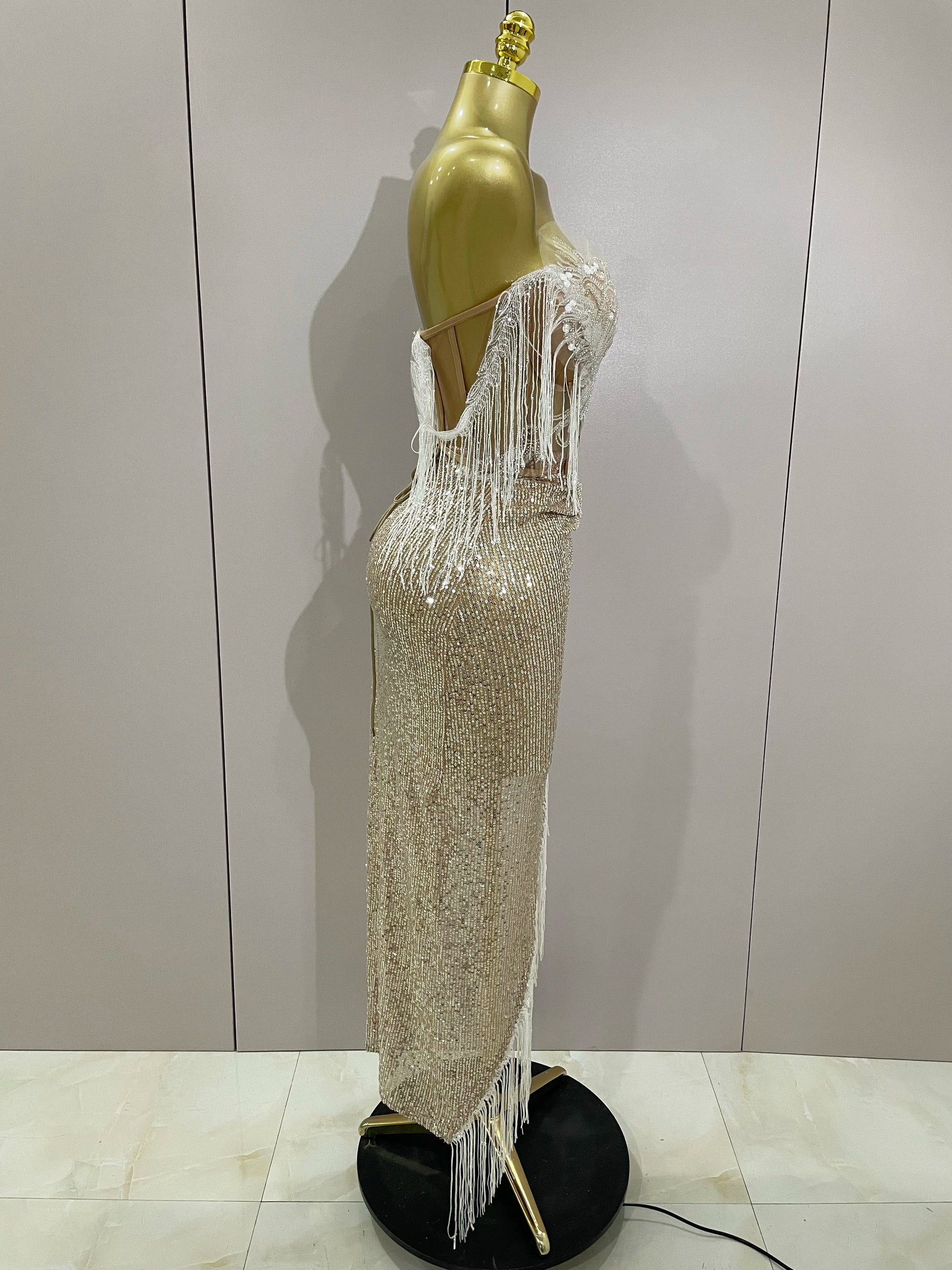 Sexy Luxury Sparkly Sequin Tassel Two Piece Set Women Evening Party Birthday Singer Performan Costume Nightclub Girl Outfit