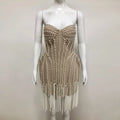Ladies Luxury Bead Tassels Strapless Backless Design Celebrity Party Club Khaki Sleeveless Sexy Mini Bandage Dress New Khaki