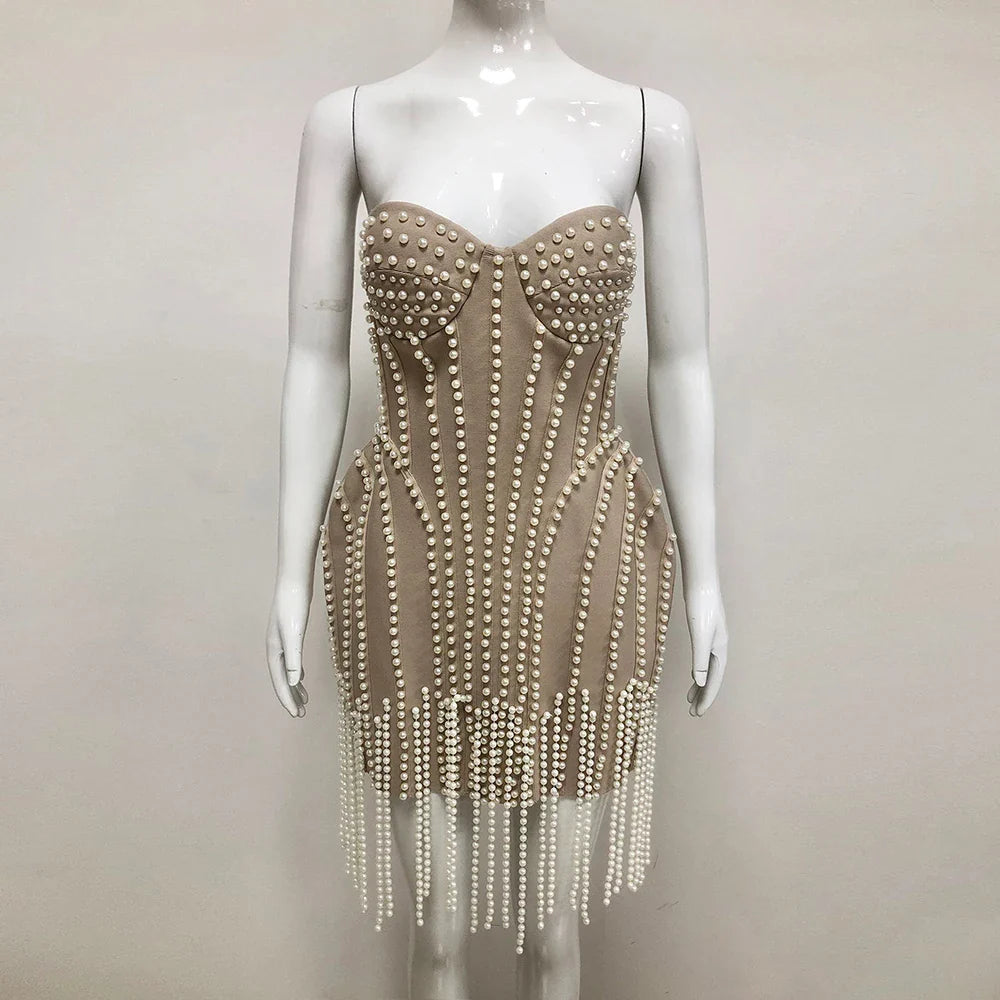 Ladies Luxury Bead Tassels Strapless Backless Design Celebrity Party Club Khaki Sleeveless Sexy Mini Bandage Dress New Khaki