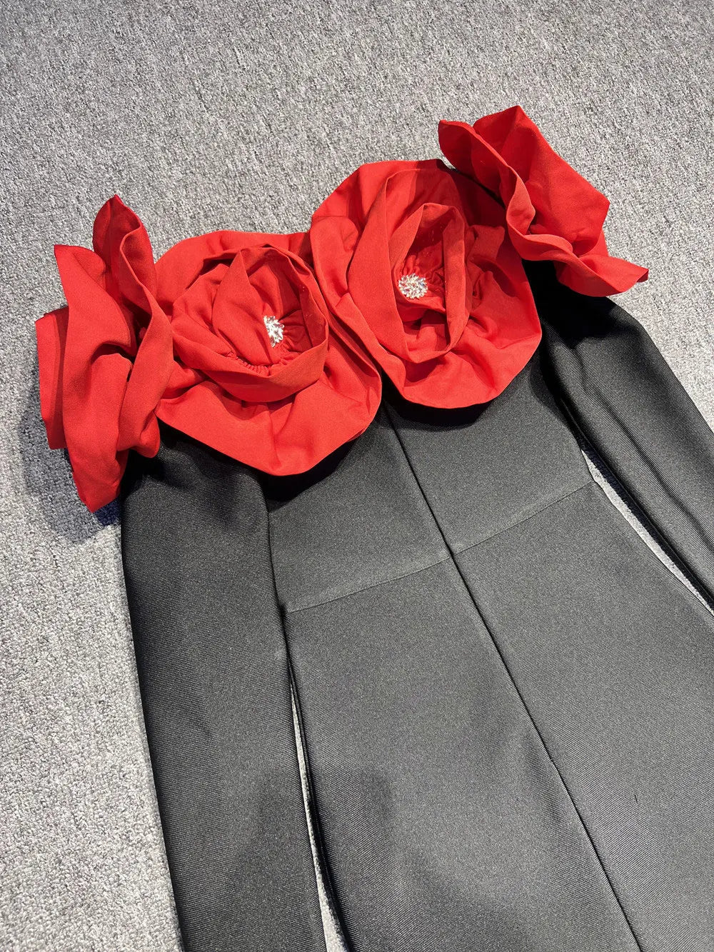 Sexy Women's 3D Red Large Flower Design Bandage Dress with One Collar Card Sleeve Bodycon Long Dress Evening Party Vestidos