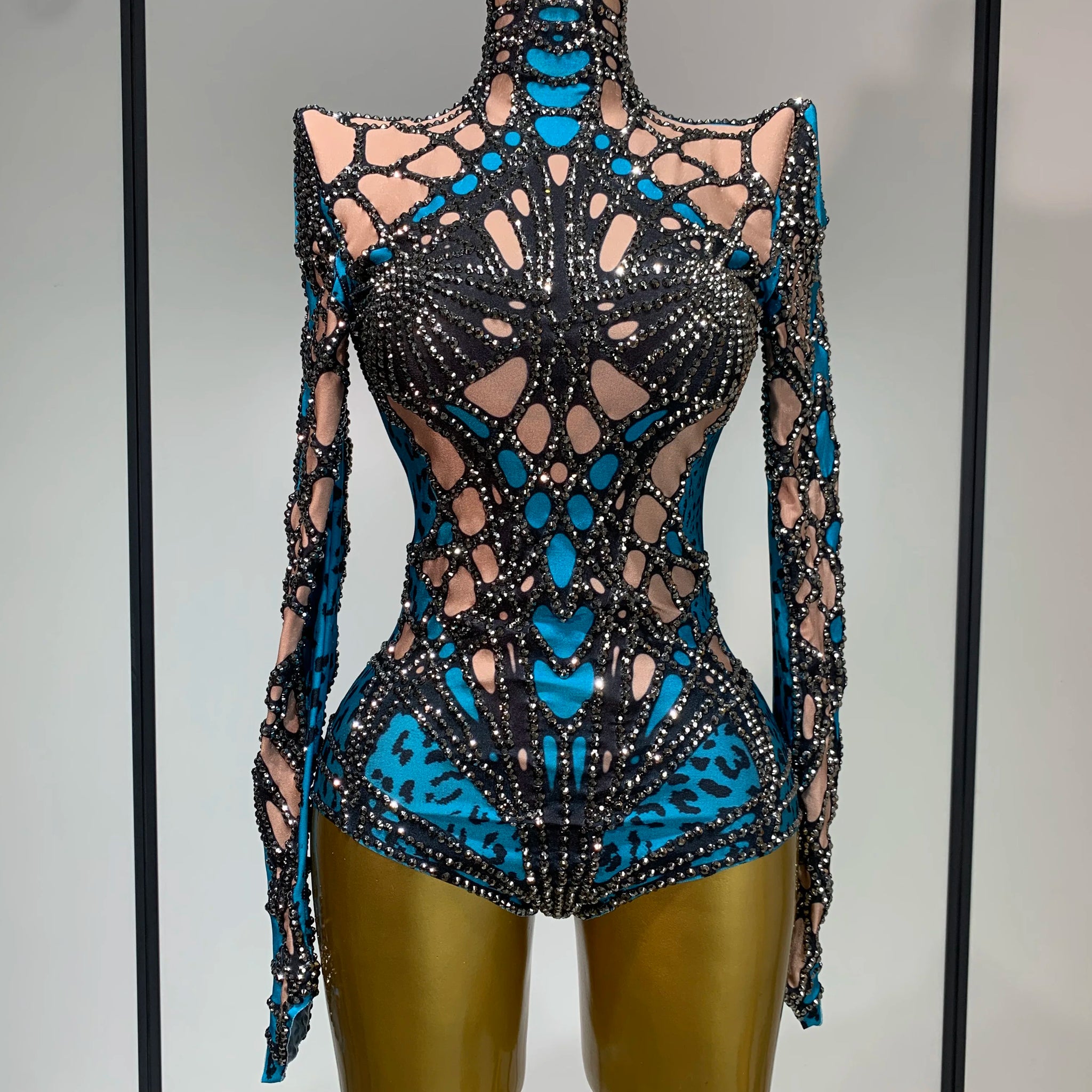 Sexy Stage Sparkly Rhinestones Bodysuit Dance Costume Party Bar Show Performance drag queen Outfit Cosplay Halloween Clothing Blue