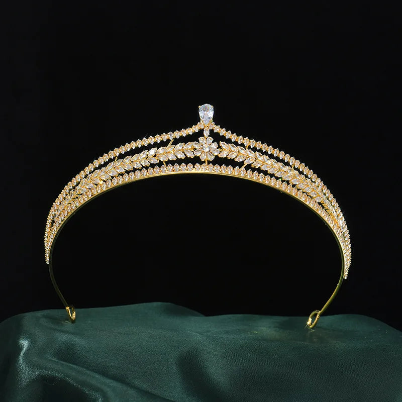 CZ Zircon Tiara Crown Zirconia Headband For Brides Women Prom Pageant Diadem Headpiece Wedding Accessories Bridal Hair Jewelry gold color