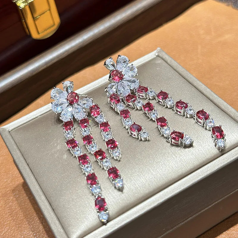 Vintage Red AAA Zircon Bridal Earrings Cubic Zirconia Wedding Earring For Women Brides Accessories Dinner Party Dress Jewelry