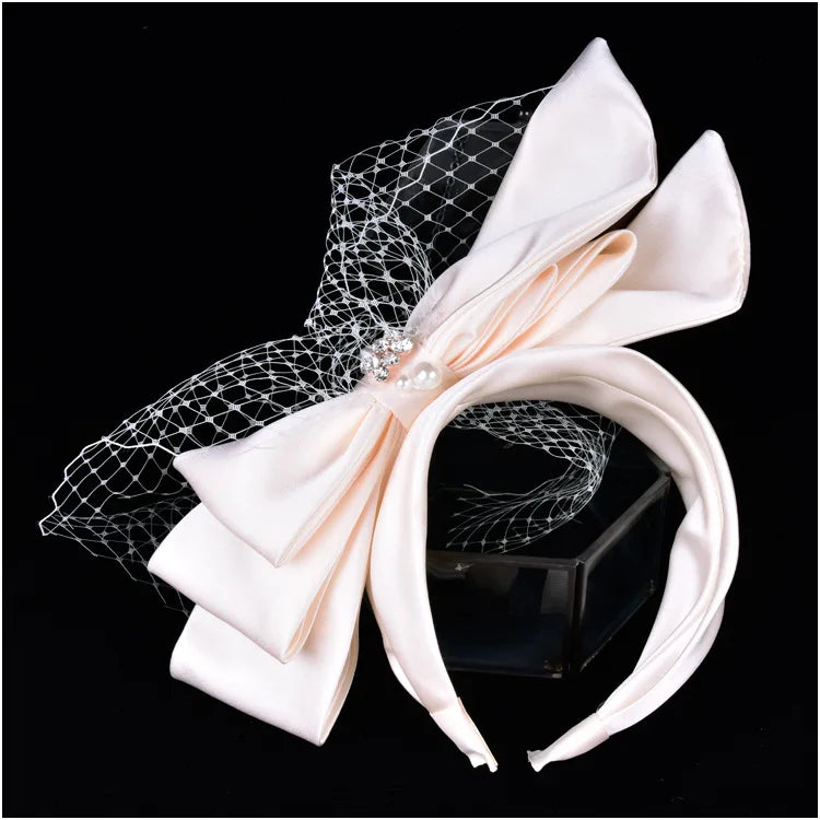 Vintage Bridal Headbands Wedding Party Fascinator Veil Women Satin Bowknot Hairband With Face Veils For Bride Headdress Headwear
