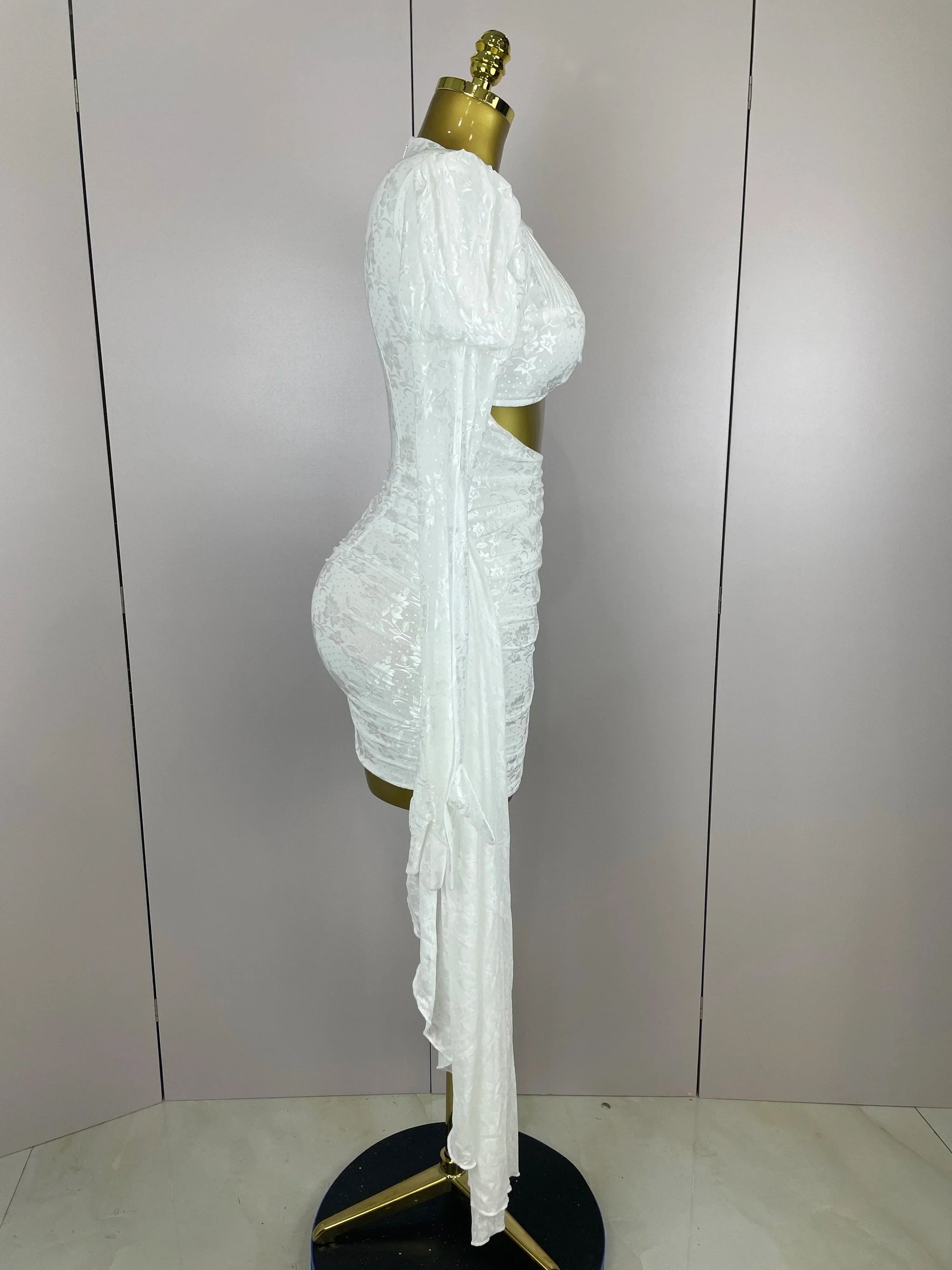 Women White Birthday Dress Fashion Long Sleeve O Neck Cut Out Bodycon Mini Trailing One Piece Celebrity Evening Club Dresses