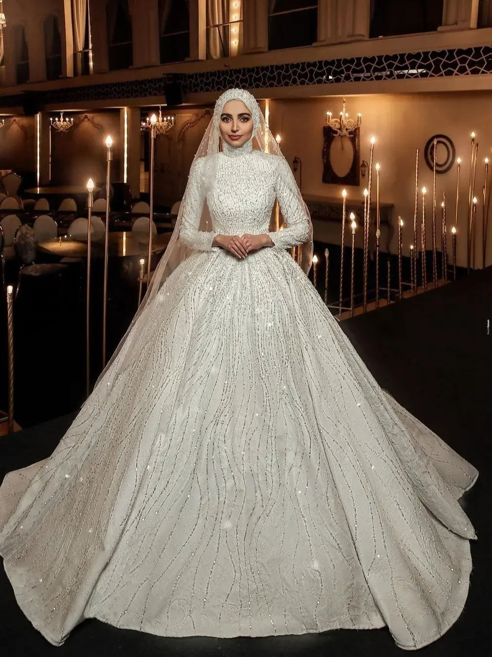 Customized Muslim Fancy Long Sleeves Wedding Dresses Sequined High Neck Bridal Gowns Made Glitter Vestido De Noiva 2025 Custom color