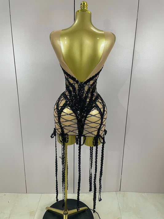 Sparkle Sequins Embroider Diamonds Sleeveless Long Tassel Mini Dress Women Celebrate Evening Birthday Dress Stage Costume