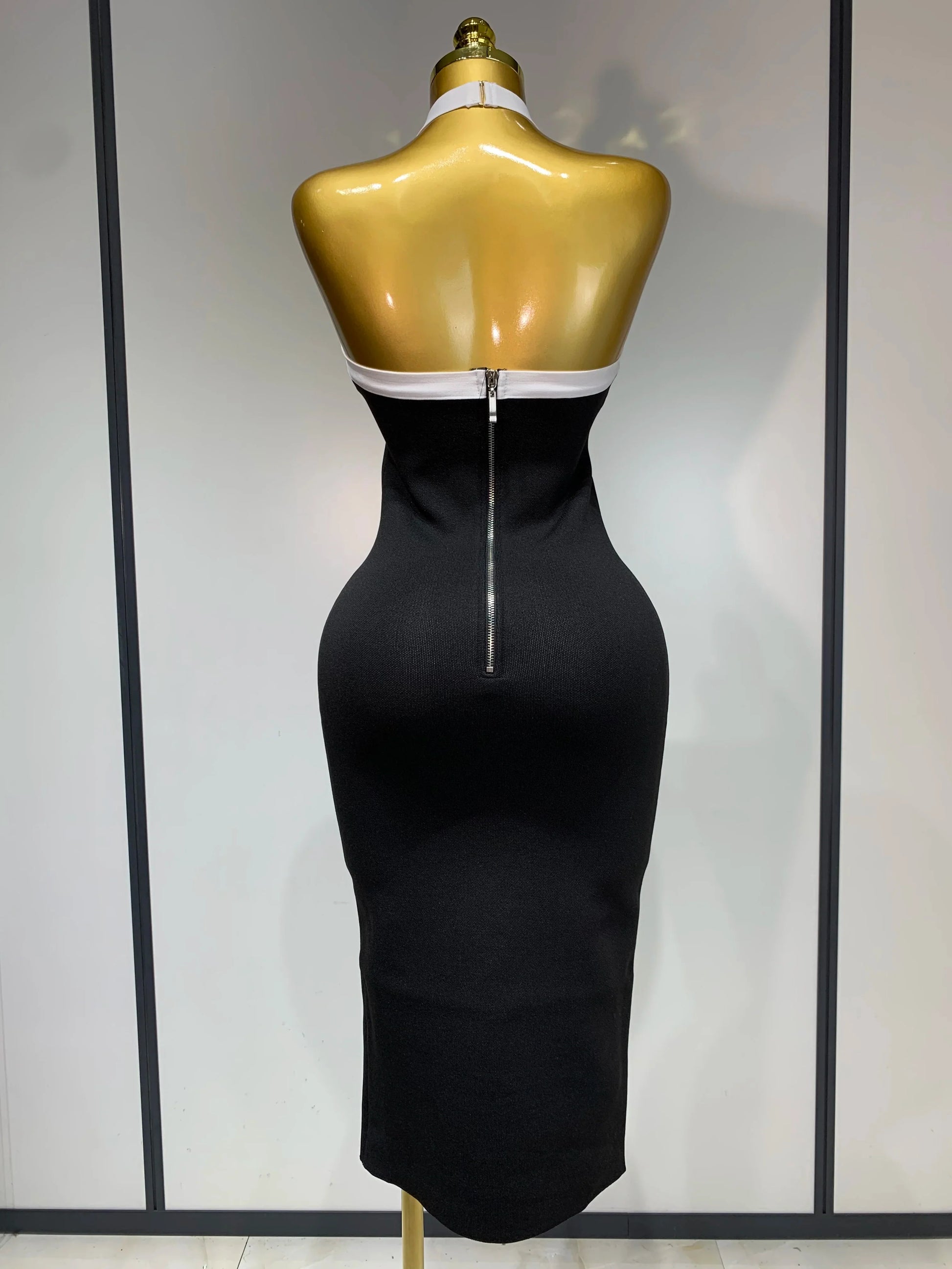 Women Fashion Celebrity Sexy Backless Rose Flower Midi Black Jacquard Bandage Dress Elegant Evening Club Party Dresses