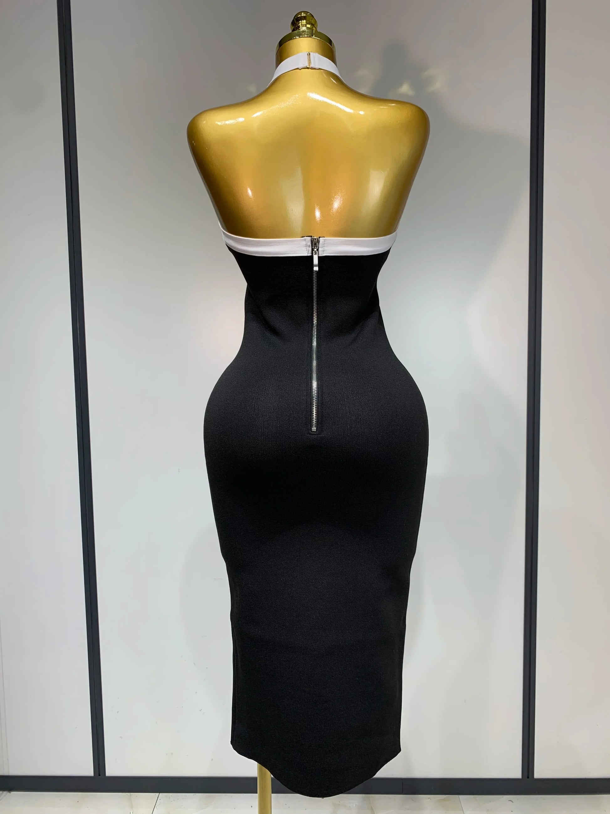 Women Fashion Celebrity Sexy Backless Rose Flower Midi Black Jacquard Bandage Dress Elegant Evening Club Party Dresses