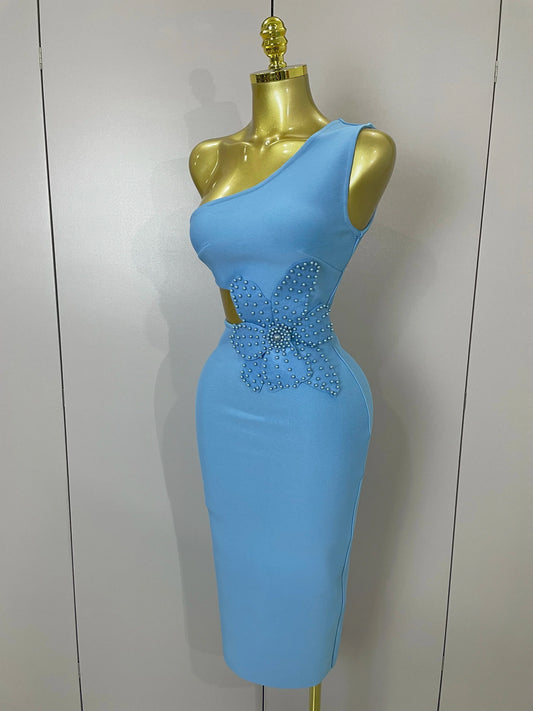 Luxury Sexy One Shoulder Pearl Sky Blue Bodycon Bandage Dress Women Celebrity Elegant Evening Club Birthday Party Outfit