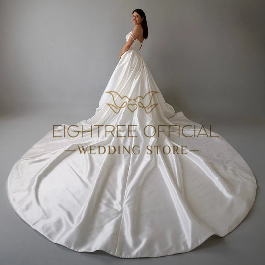 White A-Line Wedding Dresses Sweetheart Sleeveless Pearls Satin Bridal Dress Formal Wedding Ball Prom Gowns Customized