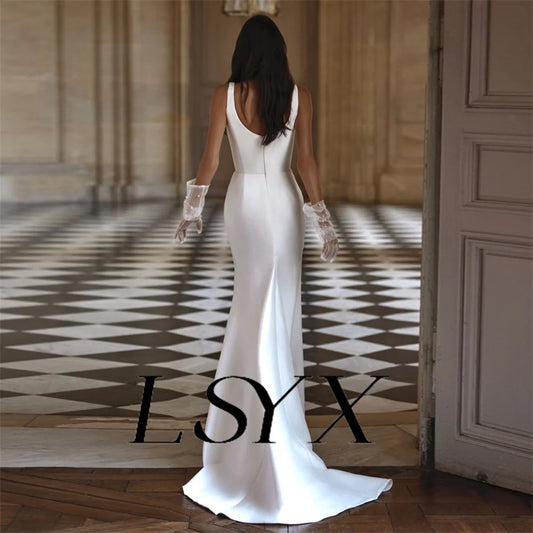 LSYX Simples Decote Quadrado Sem Mangas Crepe Sereia Vestido de Noiva Elegante Zíper Costas Alta Fenda Até o Chão Vestido de Noiva
