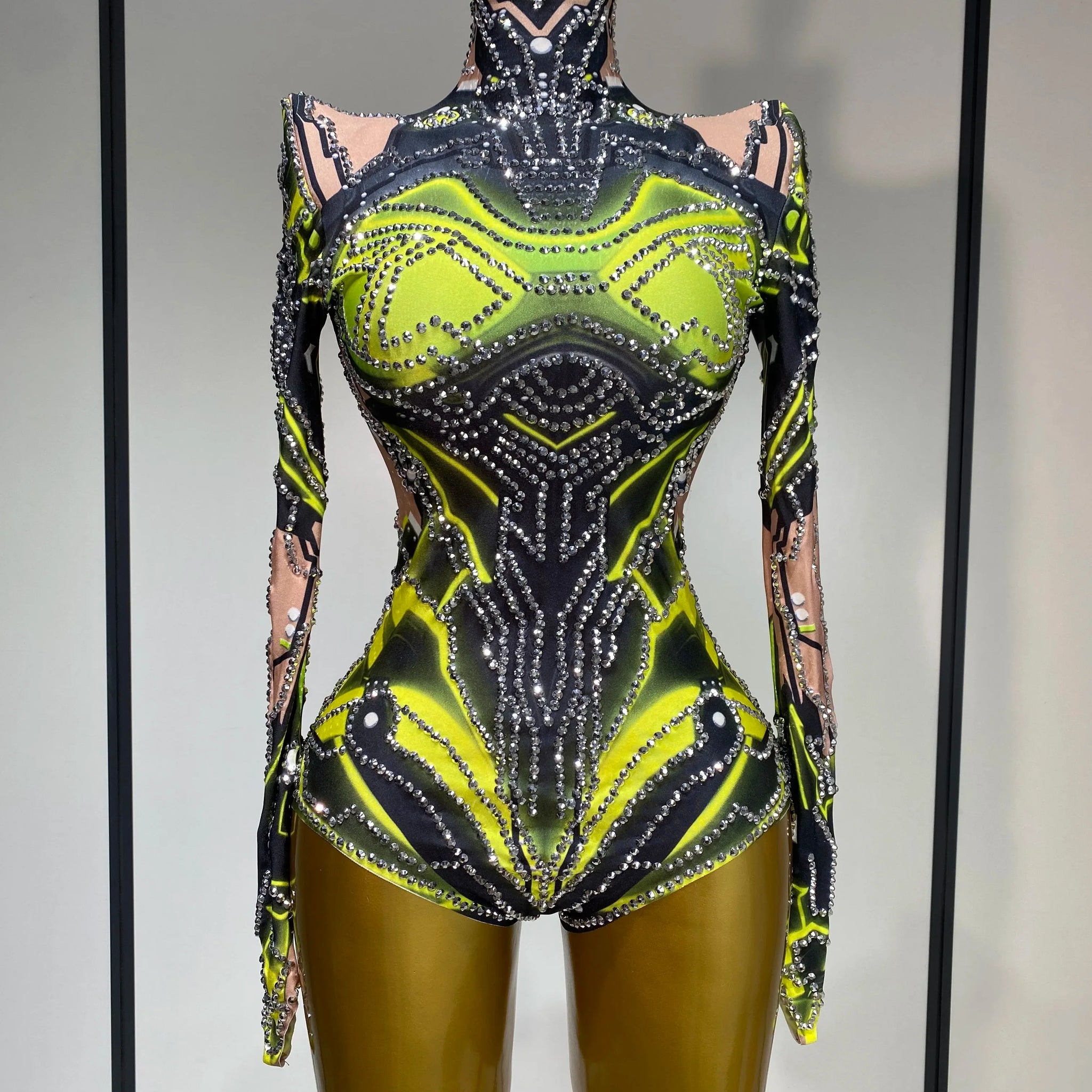 Women Sparkly Rhinstones High Street Bodysuit Performance Dance Singer Costume Nightclub Evening Party Birthday Stage Outfit Fluorescent Green