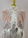 Luxury Feathers Cloak White Printing Sexy Sheath Jumpsuit Women Evening Party Bar Nightclub Singer Stage Performance Costume