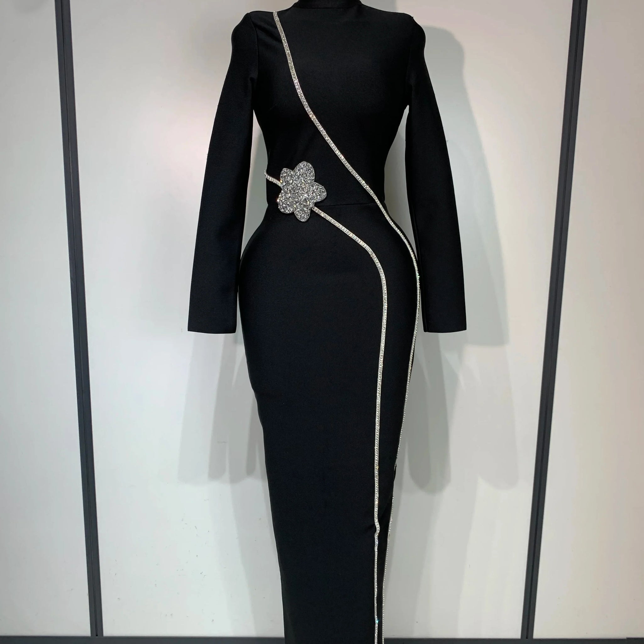 Newest Fashion Designer Party Dress Women's Formal Long Sleeve Diamonds Bodycon Bandage Dress Elegant Luxury Birthday Gown black