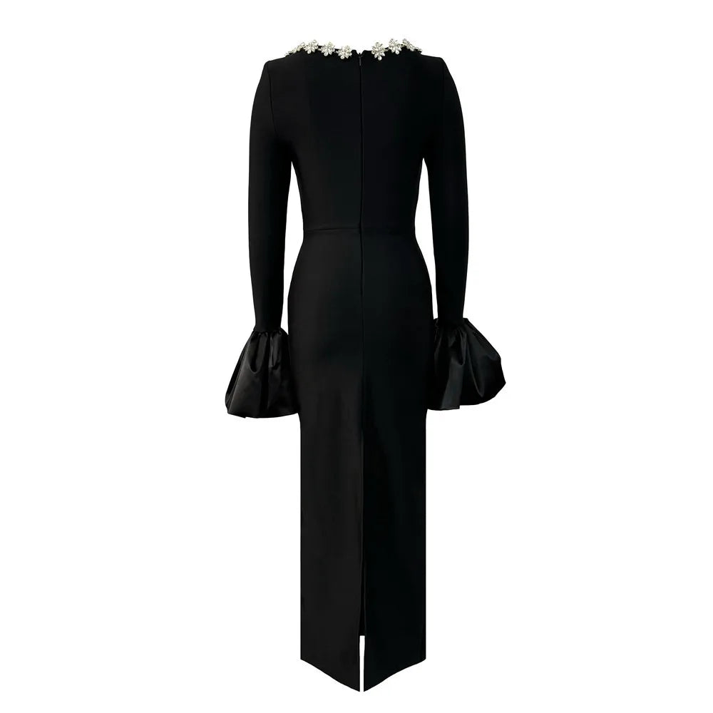 Black Color Women Long Sleeve Sexy Sqaure Collar Shinning Crystal Bodycon Long Bandage Dress Celebrate Evening Party Outfit