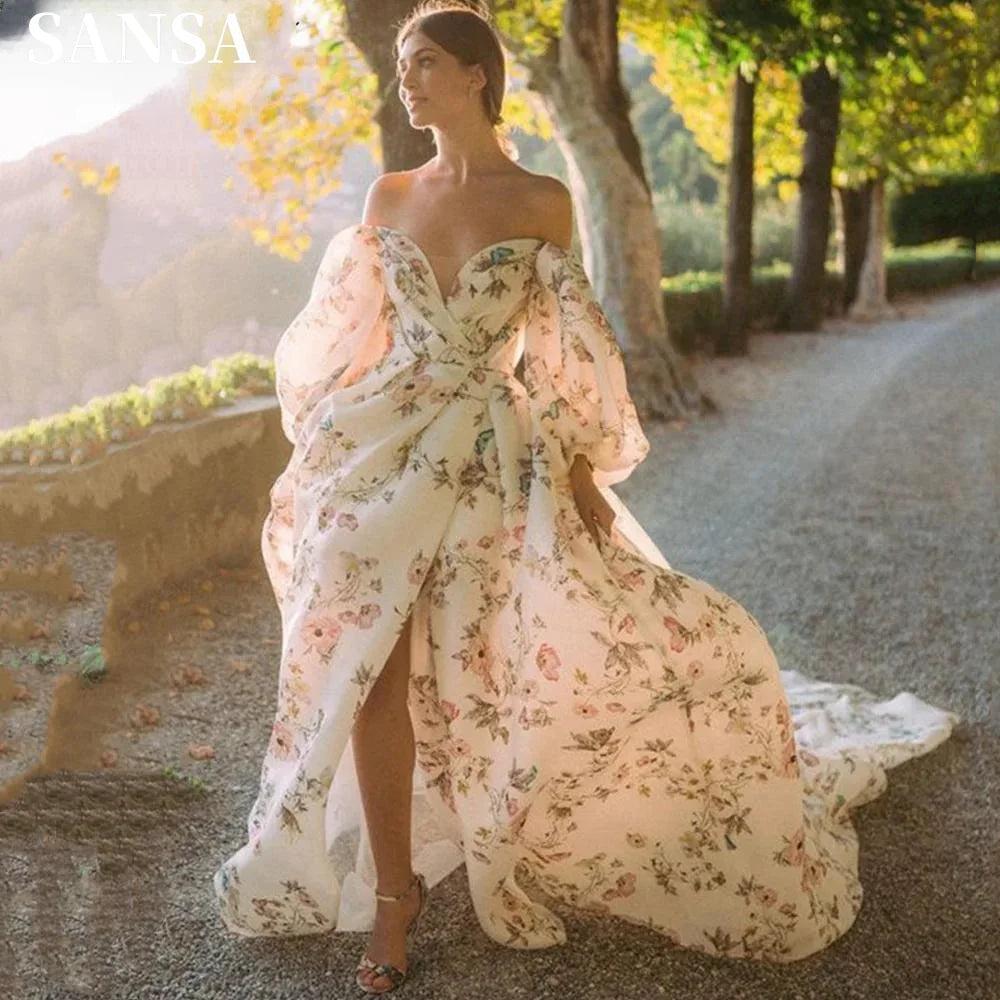 White Floral Print Prom Dress A-line Satin Wedding Dresses Elegant Puffy Sleeves Side Split Long Train Vestidos De Fiesta