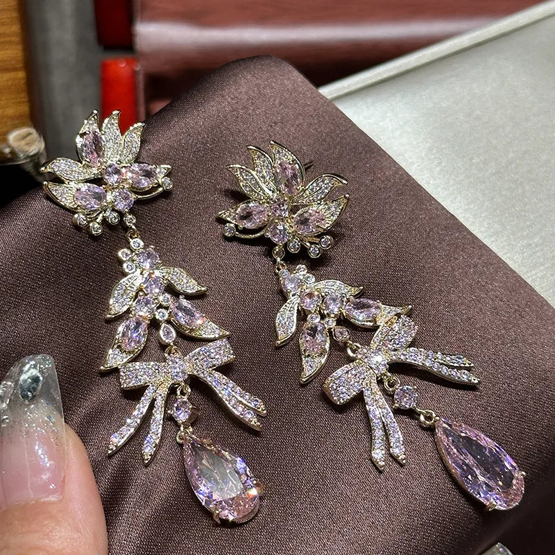 High Quality AAA Zircon Bridal Earrings Pink CZ Zirconia Wedding Earring For Women Brides Accessories Dinner Party Dress Jewelry