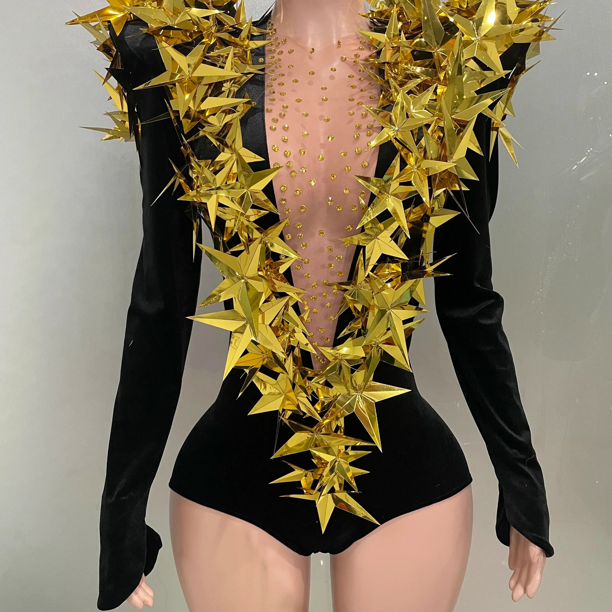 Shiny Gold Rhinestone Black Velvet Long Sleeve Bodysuit Women Evening Party Club Gala Hosts Night Club Bar Stage Costumes black