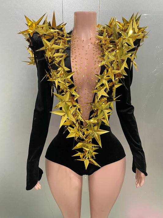 Shiny Gold Rhinestone Black Velvet Long Sleeve Bodysuit Women Evening Party Club Gala Hosts Night Club Bar Stage Costumes black