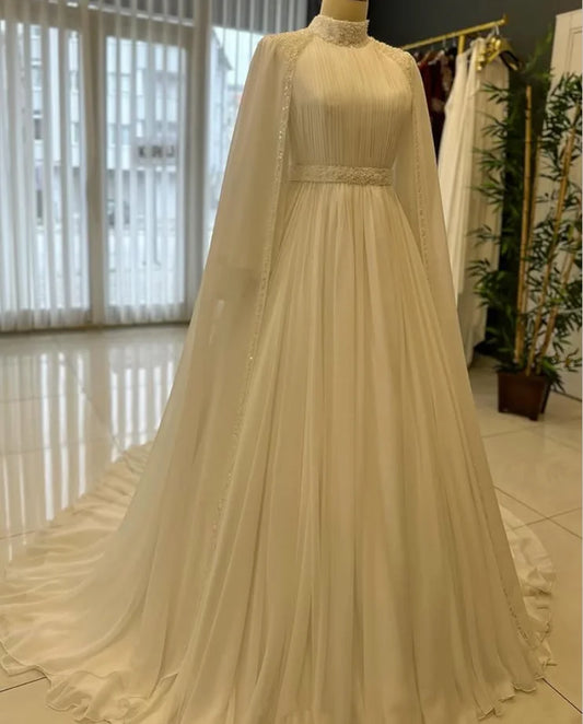White Muslim Caftan Saudi Wedding Dresses With Cape Sparkly Crystal High Neck Kaftan Customsized Bridal Gown Garment