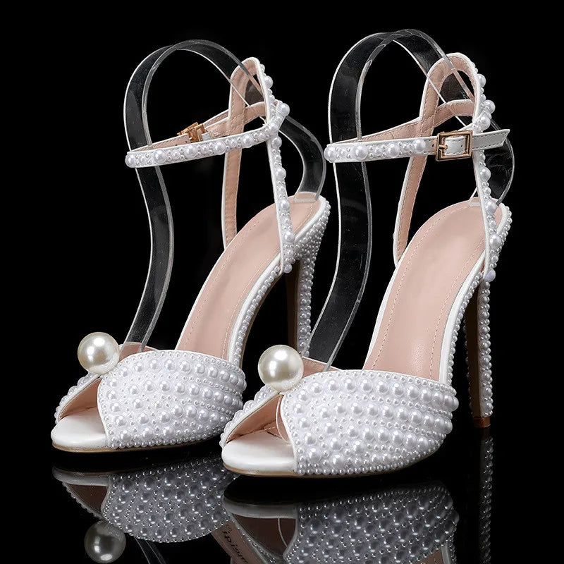 Luxury Handmade Pearl Peep Toe Women Sandals Fashion Summer Wedding Princess Thin High heels Elegant Party Prom Bridal Shoes