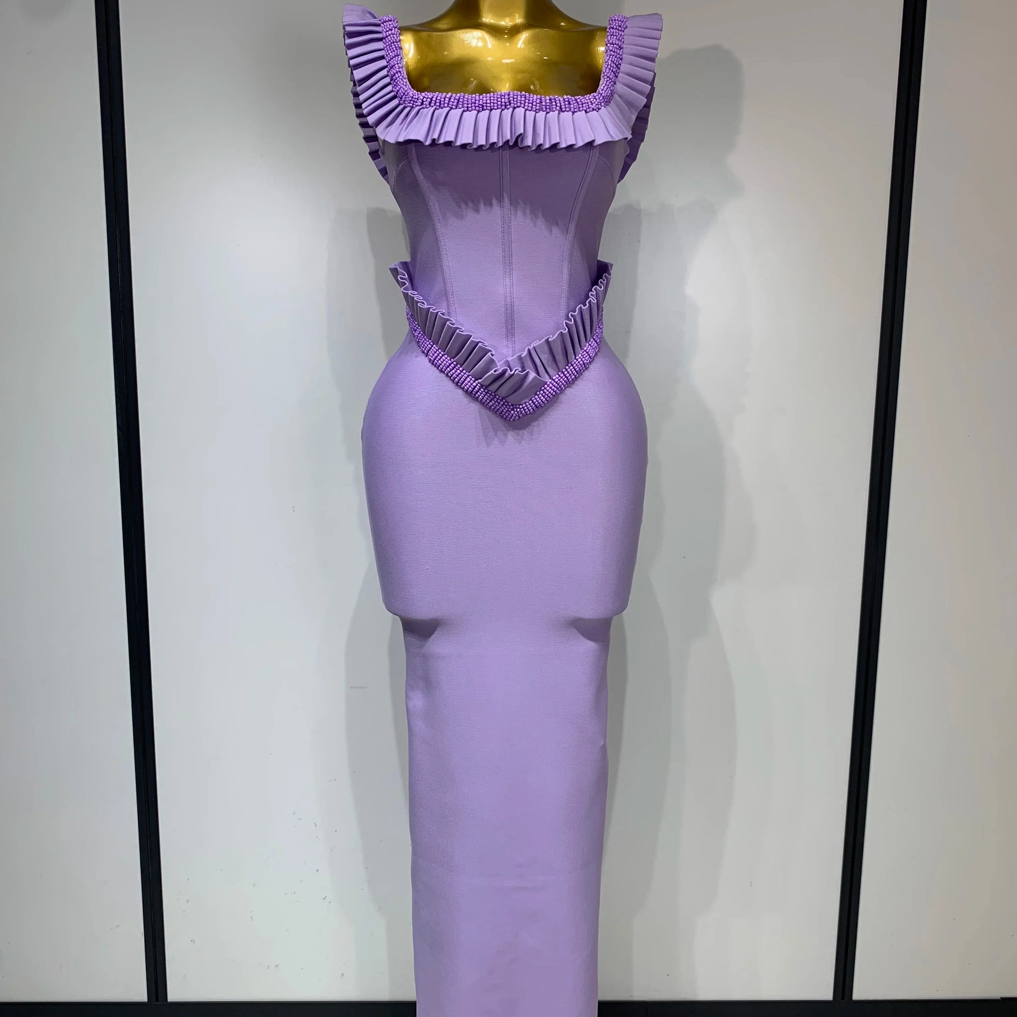 Women Sexy Square Collar Ruffles Beading Long Bodycon Bandage Dress Celebrity Elegant Evening Club Party Birthday Dress PURPLE