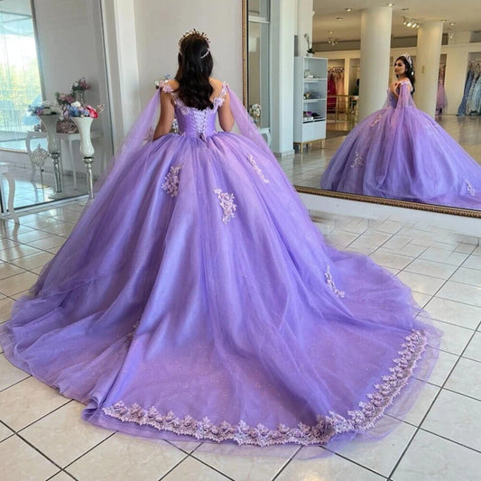 Glittering Lilac Quinceanera Dresses With Cape Formal Birthday Party Ball Gown Vestidos De 15 Anosowns With Wrap