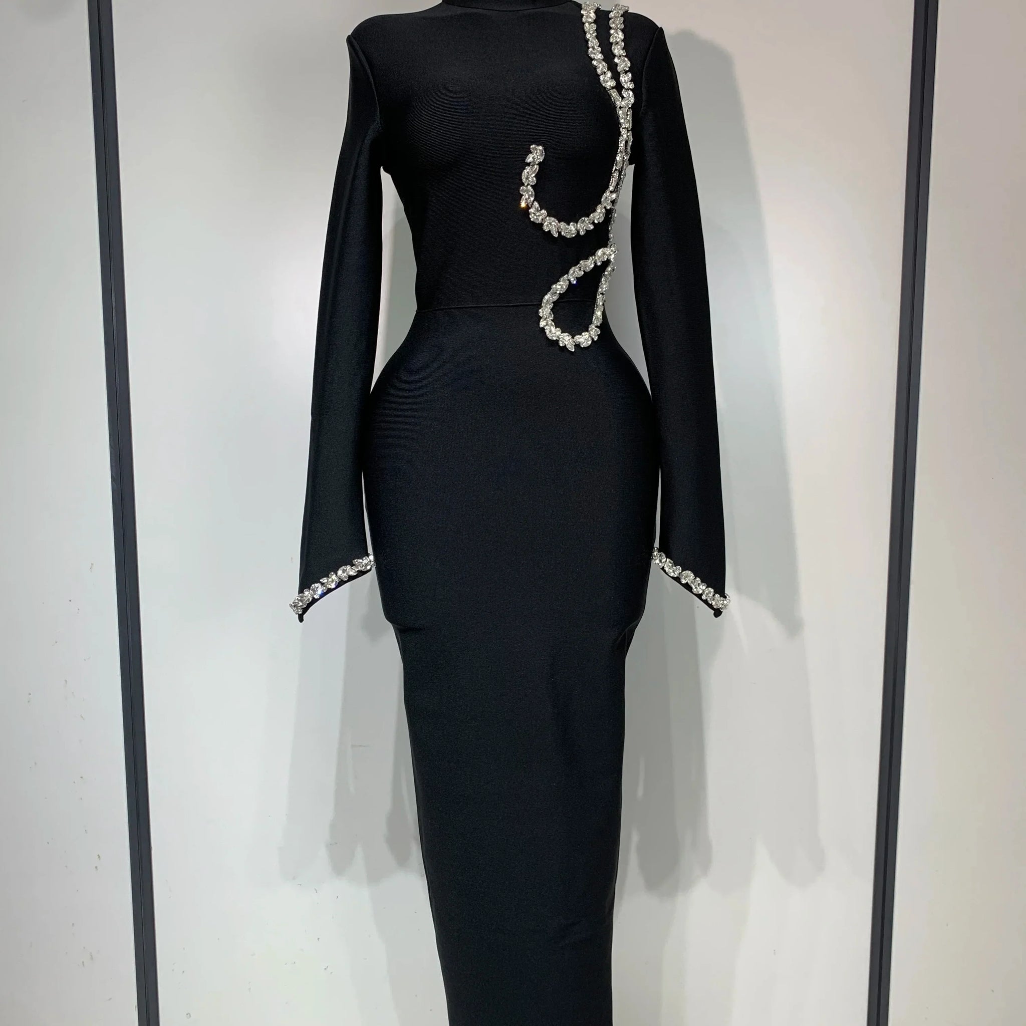 Women Sexy Long Sleeve Diamonds Maxi Long Bodycon Bandage Dress Celebrity Elegant Evening Party Luxury Birthday Dresses black