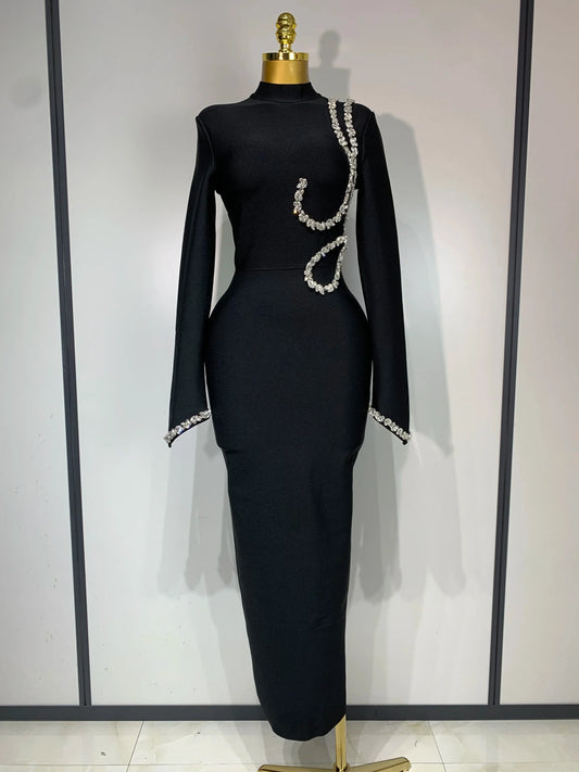 Women Sexy Long Sleeve Diamonds Maxi Long Bodycon Bandage Dress Celebrity Elegant Evening Party Luxury Birthday Dresses black