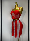 Women Sexy Sling Backless Tassels Bandage Skirt Two Piece Set Knitted Celebrity Elegant Evening Luxury Birthday Dresses