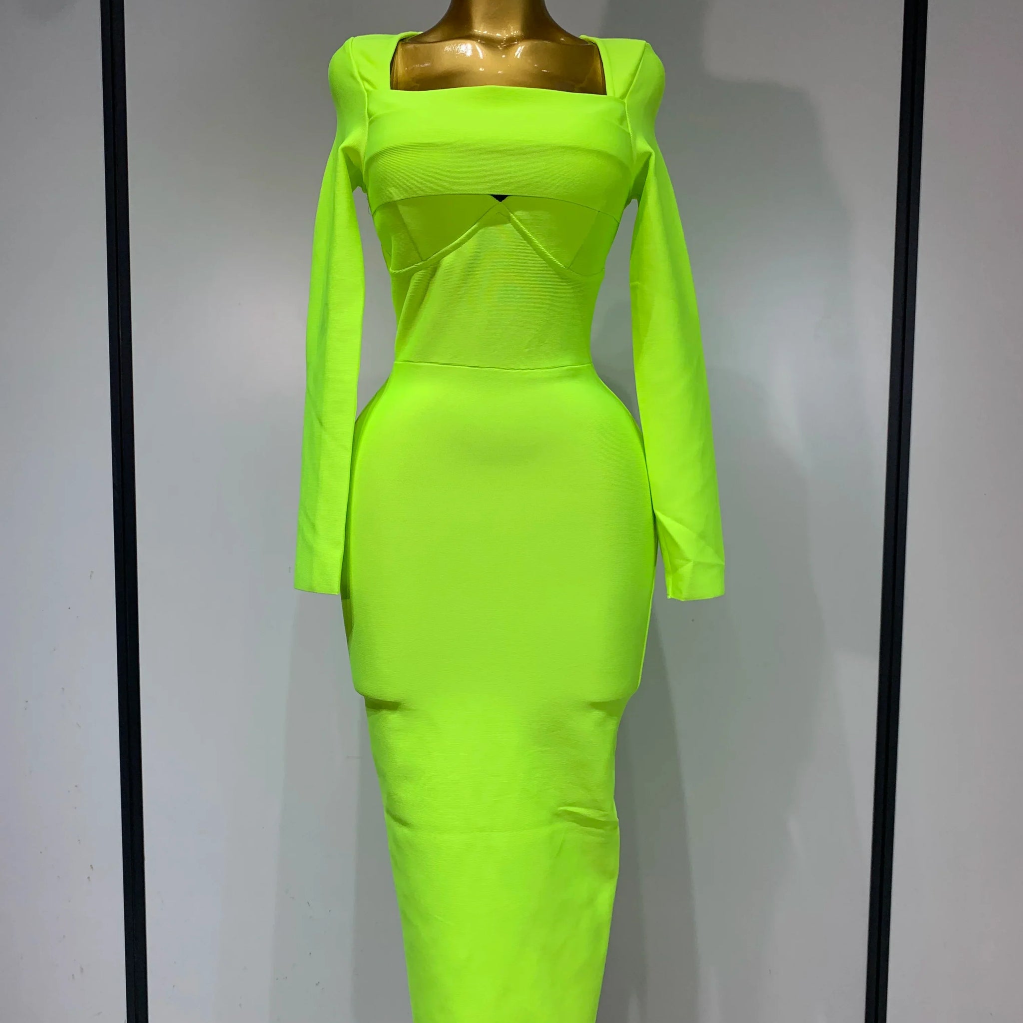 Women Sexy Long Sleeve Square Collar Fluorescent Green Midi Bodycon Bandage Dress Elegant Evening Birthday Party Dresses Fluorescent Green