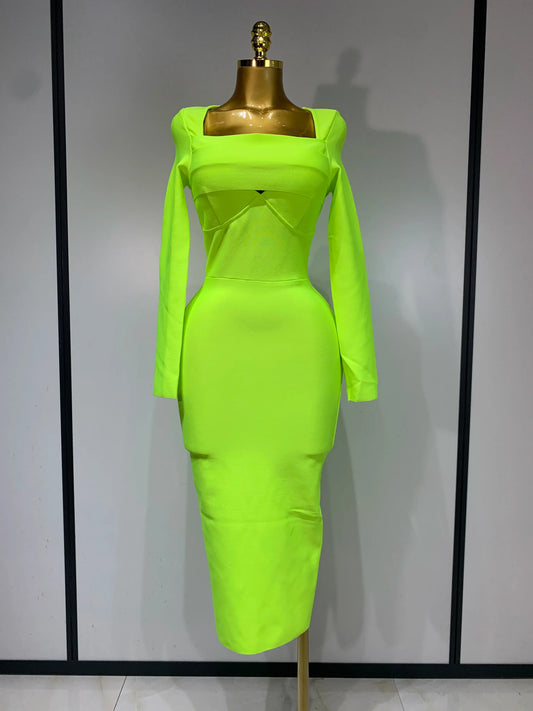 Women Sexy Long Sleeve Square Collar Fluorescent Green Midi Bodycon Bandage Dress Elegant Evening Birthday Party Dresses Fluorescent Green