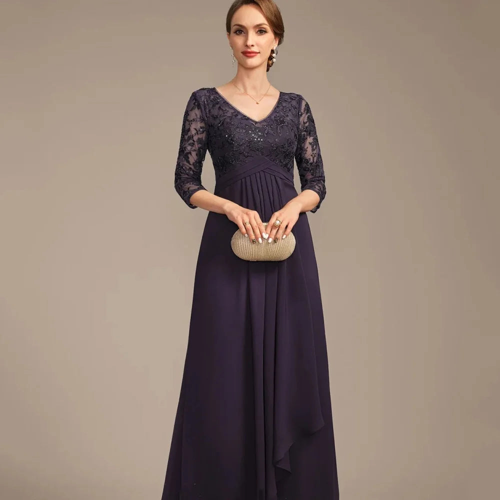 Customized Mother of Dresses V Neck Lace Bride Party Dress A Line Formal Elegant Evening Gowns robes invitée mariage