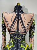 Women Sparkly Rhinstones High Street Bodysuit Performance Dance Singer Costume Nightclub Evening Party Birthday Stage Outfit