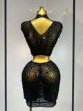 Luxury Rhinestone Mesh See Through Celebrate Birthday Dress Sparkly Top Short Skirt Two Pieces Sets Performance Stage Costume