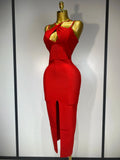 Women Sexy Sleeveless Hollow out Split Backless Red Midi Bandage Dress Celebrity Elegant Evening Luxury Birthday Dresses