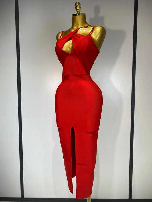 Women Sexy Sleeveless Hollow out Split Backless Red Midi Bandage Dress Celebrity Elegant Evening Luxury Birthday Dresses