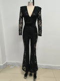 Sexy Women's Light Luxury Embroidered Hot Diamond Patchwork Design jumpsuit V-neck Long sleeved Evening Party Horn jumpsuit