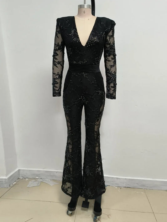 Sexy Women's Light Luxury Embroidered Hot Diamond Patchwork Design jumpsuit V-neck Long sleeved Evening Party Horn jumpsuit