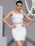 Elegant Women's Nail Bead Design Bandage Skirt Set Camisole Sleeveless Ultra Short Tank Top+Mini Skirt Two Piece Set