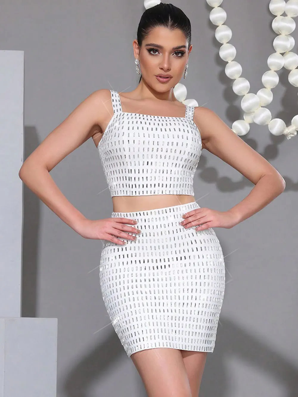 Elegant Women's Nail Bead Design Bandage Skirt Set Camisole Sleeveless Ultra Short Tank Top+Mini Skirt Two Piece Set