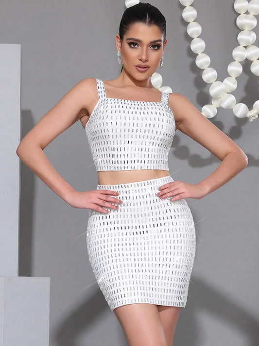 Elegant Women's Nail Bead Design Bandage Skirt Set Camisole Sleeveless Ultra Short Tank Top+Mini Skirt Two Piece Set